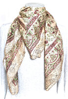 sjaal zijde vierkant met blockprint-6- warm beige/bessenrood/groen gebloemd