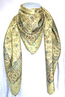sjaal zijde vierkant met blockprint 7- goudgroen/bruin gebloemd