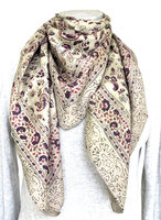 sjaal zijde vierkant met blockprint 9- licht beige/paars/roze gebloemd