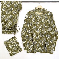 pyjamaset blockprint katoen 10- khaki groen/zwart/beige