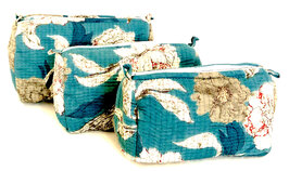 toilettas blockprint soft 9- aqua blauw bloem