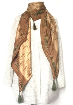 sjaal vintage gerecyclede zijde  met print en kwastjes-3-goudbruin/groen