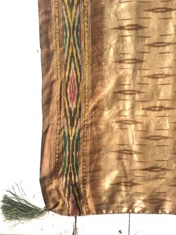 sjaal vintage gerecyclede zijde  met print en kwastjes-3-goudbruin/groen