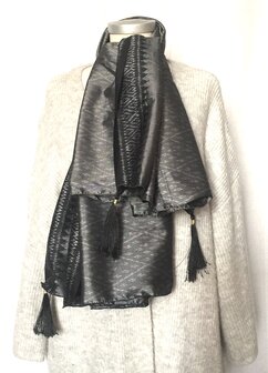 sjaal vintage gerecyclede zijde  met print en kwastjes-4-zwart/grijs