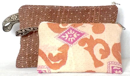 etui set vintage kantha 3- bruin stip/roze warm bruin