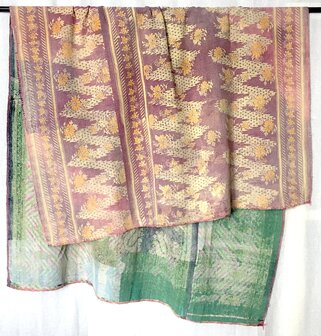  VERKOCHT- quilt kantha vintage katoen 6- lila/geel-pastel