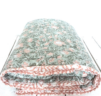 UITVERKOCHT - deken quilt eenpersoons reversible blockprint 4- groen-koraal roze/ brique