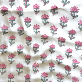 deken quilt eenpersoons reversible blockprint 6- blauw/roze