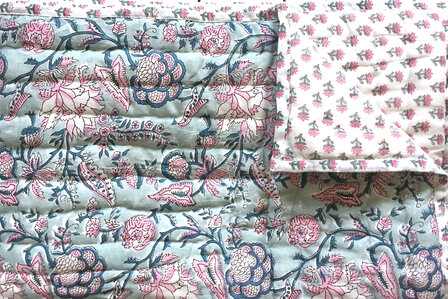 deken quilt eenpersoons reversible blockprint 6- blauw/roze