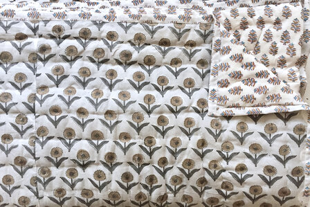 deken quilt tweepersoons reversible blockprint 7- grijs-khaki/wit-bruin
