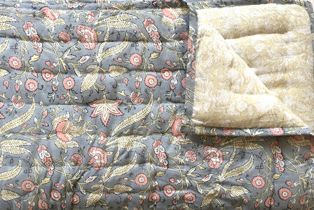 deken quilt eenpersoons reversible blockprint 9- pastel blauw-roze/geel