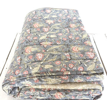 deken quilt eenpersoons reversible blockprint 9- pastel blauw-roze/geel