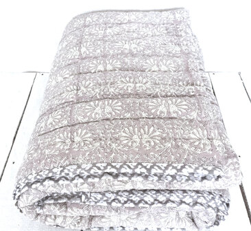 deken quilt eenpersoons reversible blockprint 12- oud paars/grijs-wit