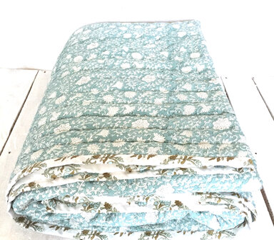 UITVERKOCHT-deken quilt eenpersoons reversible blockprint 13- donker turquoise /khaki-wit