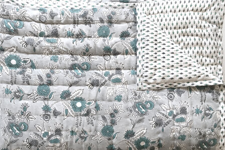 deken quilt tweepersoons reversible blockprint 3- grijs-turquoise /blaadje groen