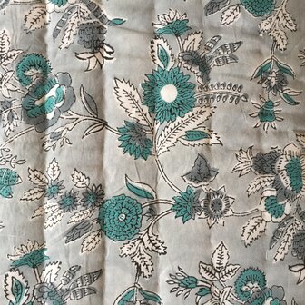 deken quilt tweepersoons reversible blockprint 3- grijs-turquoise /blaadje groen