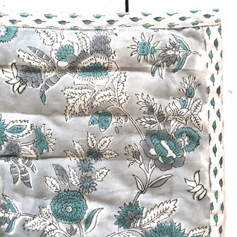 deken quilt tweepersoons reversible blockprint 3- grijs-turquoise /blaadje groen