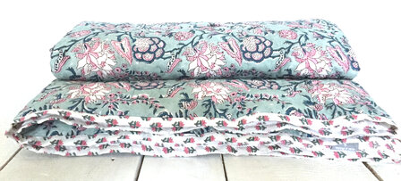 deken quilt eenpersoons reversible blockprint 6- blauw/roze