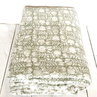 UITVERKOCHT- deken quilt tweepersoons reversible blockprint 2-grijs-groen/lotus beige 