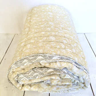 deken quilt tweepersoons reversible blockprint 14- okergeel/zwart-grijs