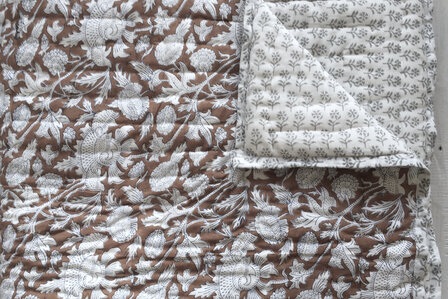 deken quilt tweepersoons reversible blockprint 1-chocobruin/grijs