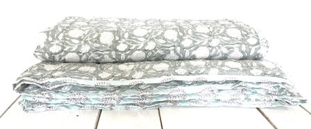 deken quilt tweepersoons reversible blockprint 5- zeegroen /aquablauw
