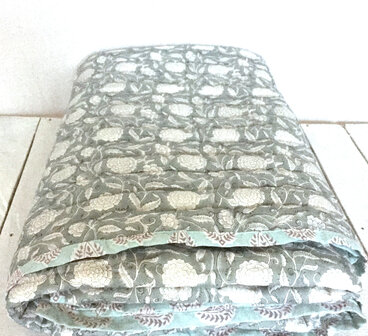 deken quilt tweepersoons reversible blockprint 5- zeegroen /aquablauw