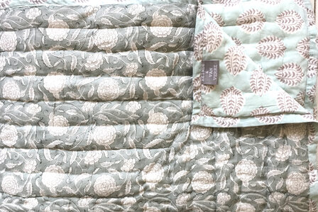 deken quilt tweepersoons reversible blockprint 5- zeegroen /aquablauw