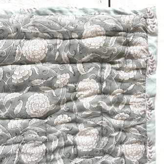 deken quilt tweepersoons reversible blockprint 5- zeegroen /aquablauw