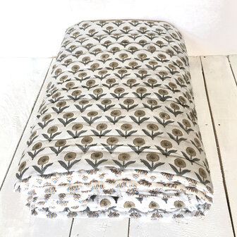 deken quilt eenpersoons reversible blockprint 7- grijs-khaki/wit-bruin