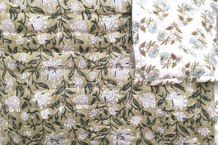  UITVERKOCHT- deken quilt tweepersoons reversible blockprint 16- oud groen/khaki-blauw