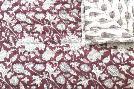  deken quilt tweepersoons reversible blockprint 17- framboos/roze-grijs