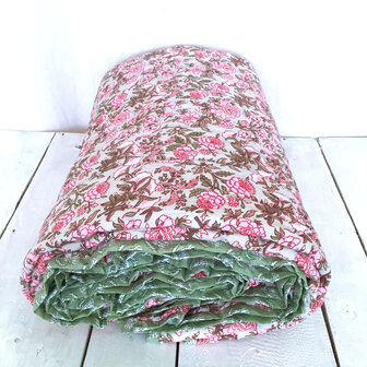  UITVERKOCHT - deken quilt tweepersoons reversible blockprint 18- roze/groen