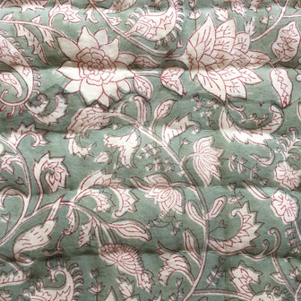 deken quilt eenpersoons reversible blockprint 14- zeegroen/roze-grijs