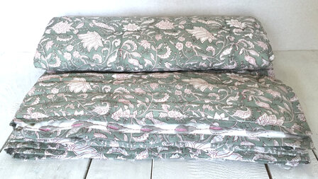 deken quilt eenpersoons reversible blockprint 14- zeegroen/roze-grijs