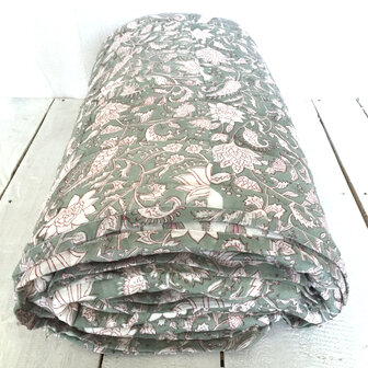 deken quilt eenpersoons reversible blockprint 14- zeegroen/roze-grijs
