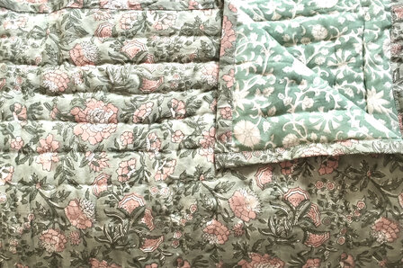 deken quilt eenpersoons reversible blockprint 16- groen-koraal roze/ jade groen
