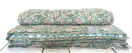 deken quilt eenpersoons reversible blockprint 16- groen-koraal roze/ jade groen