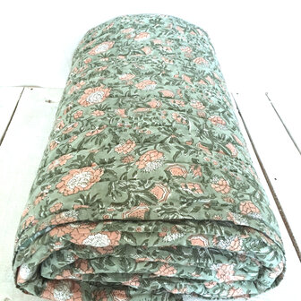 deken quilt eenpersoons reversible blockprint 16- groen-koraal roze/ jade groen