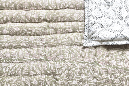 UITVERKOCHT-deken quilt tweepersoons reversible blockprint 19- zeegroen/grijs-zwart