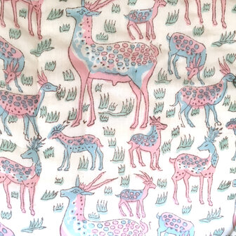 deken quilt kind reversible blockprint 3- hertjes pastel/licht turquoise