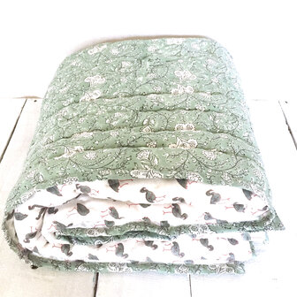 deken quilt kind reversible blockprint 4- vogel grijs/oud groen