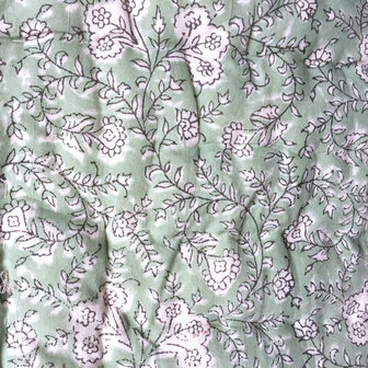 deken quilt kind reversible blockprint 4- vogel grijs/oud groen