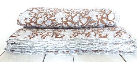 UITVERKOCHT- deken quilt eenpersoons reversible blockprint 1-chocobruin/grijs