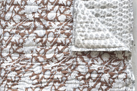 UITVERKOCHT- deken quilt eenpersoons reversible blockprint 1-chocobruin/grijs