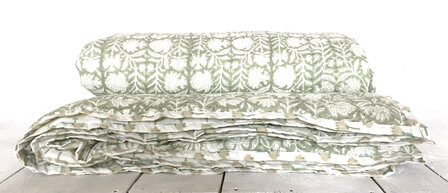 UITVERKOCHT- deken quilt tweepersoons reversible blockprint 2-grijs-groen/lotus beige 