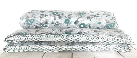deken quilt tweepersoons reversible blockprint 3- grijs-turquoise /blaadje groen