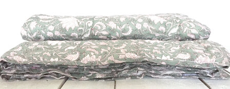 deken quilt eenpersoons reversible blockprint 14- zeegroen/roze-grijs