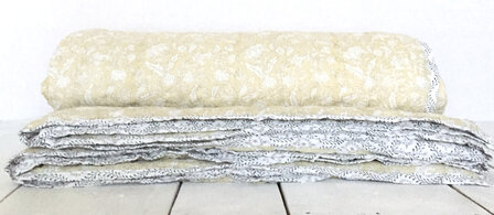 deken quilt tweepersoons reversible blockprint 14- okergeel/zwart-grijs