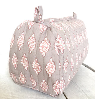 ALLE MATEN UITVERKOCHT-toilettas blockprint soft  in 3 maten -licht grijs/roze 